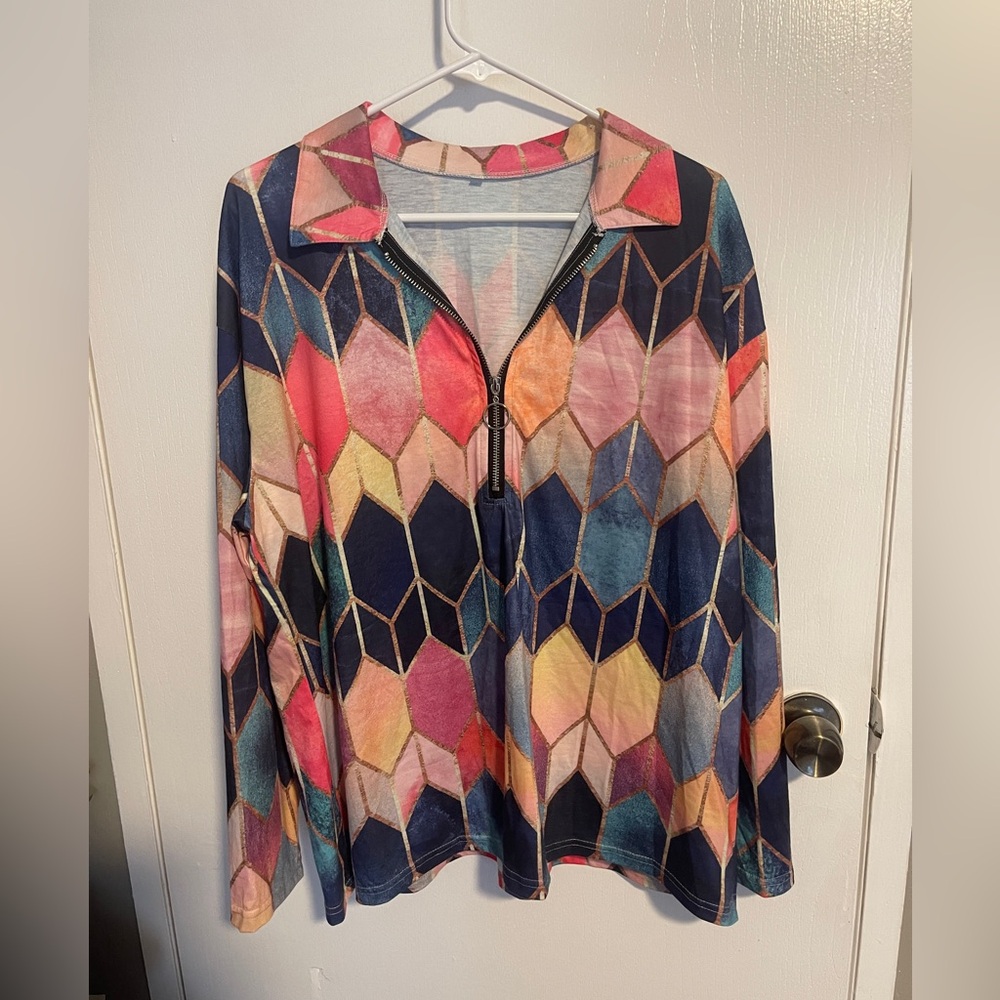 Unbranded 2XL Top Shirt Pink Blue Geometric 1/2 Zip Collar